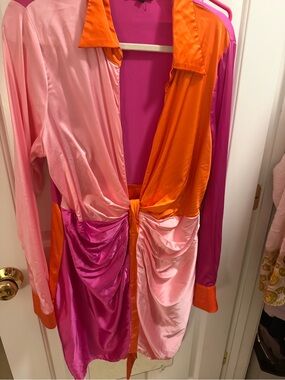Fashion Nova Pink, Hot Pink & Orange Satin Colorblock Dress